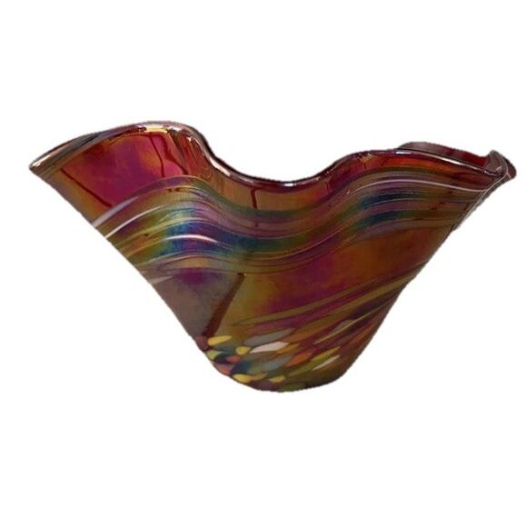 Glass Eye Studio USA 6” Bowl Small Ruby Red Iridescent Ruffled Hand Blown Dish - Picture 2 of 5